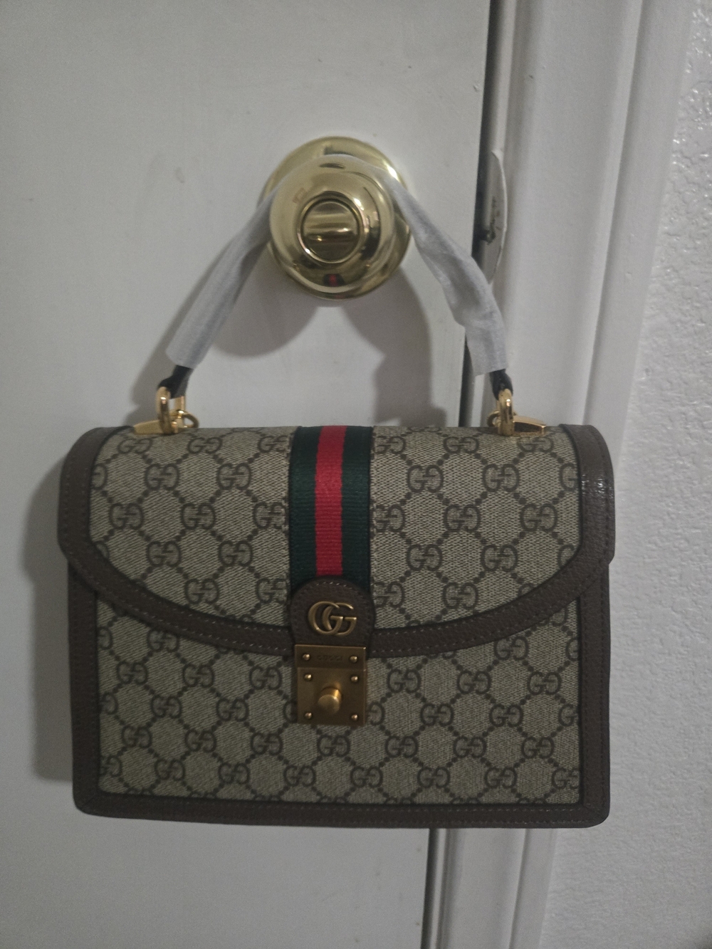 Gucci Beige GG Supreme Satchel with Green and Red Web Stripe